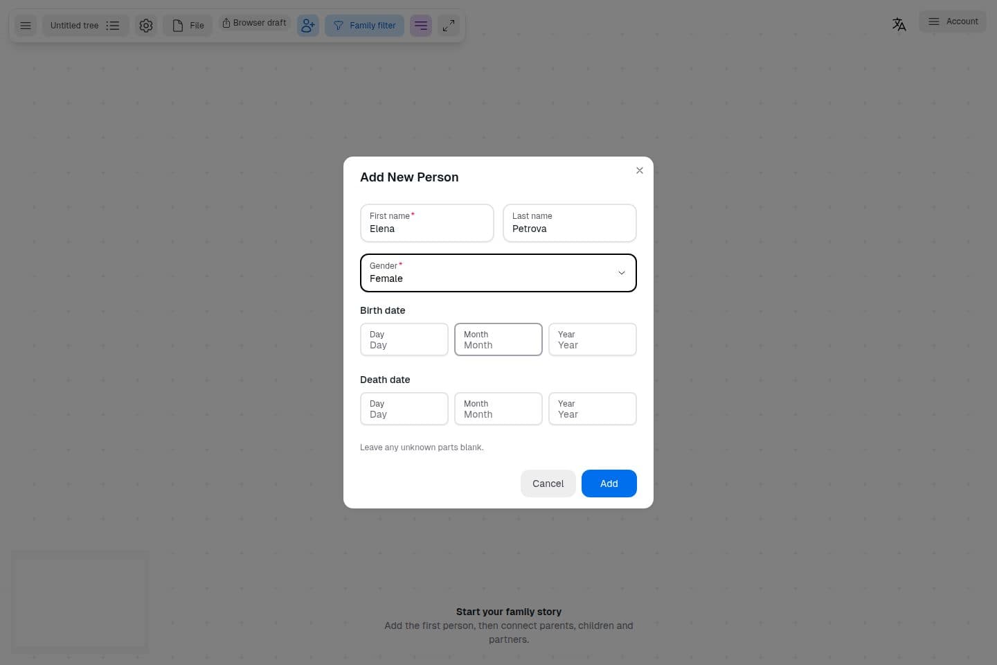 The Add New Person form filled in for Elena Petrova.