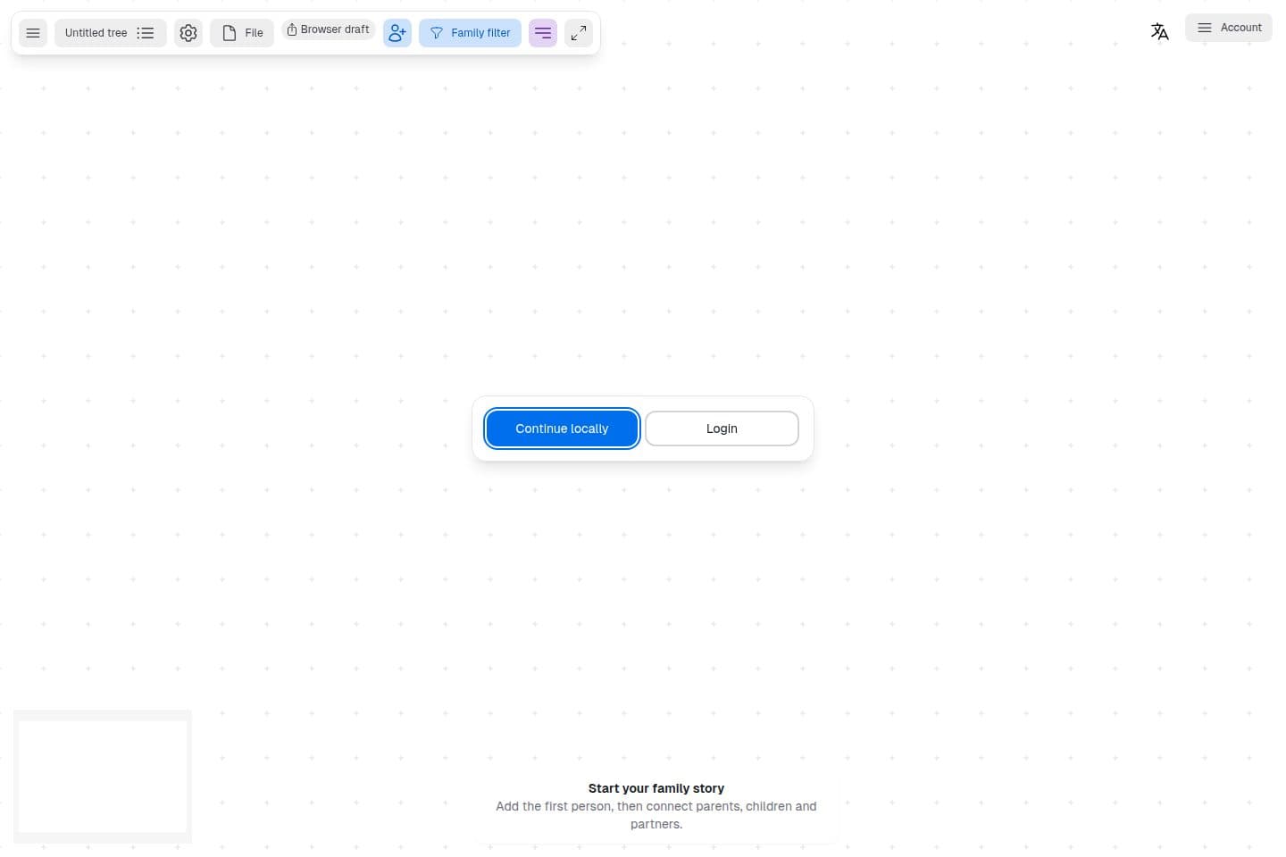 A blank Kin Flow canvas with Continue locally and Login.